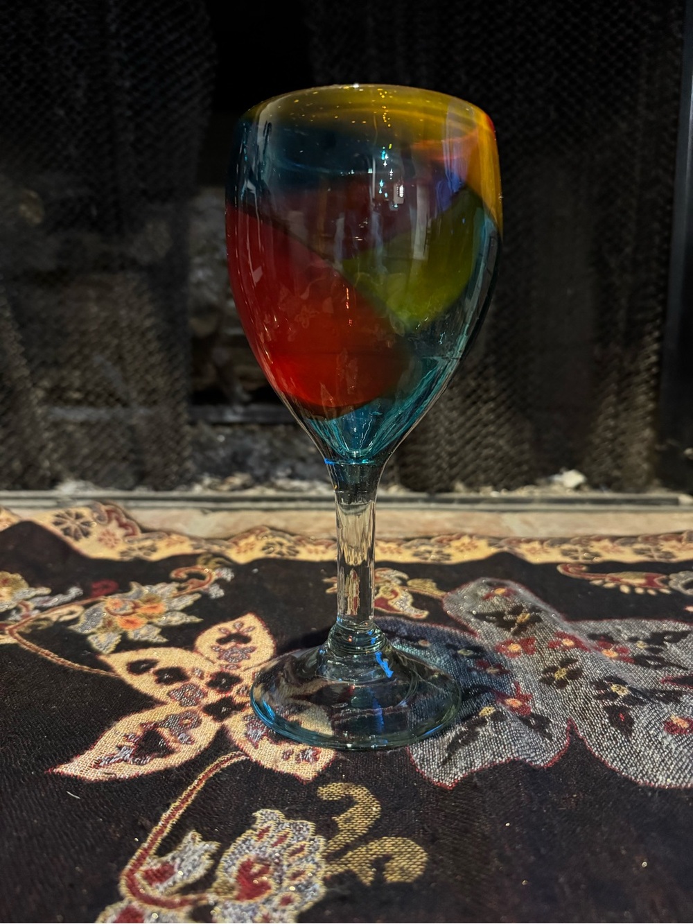 Hand-Blown Multicolor Glass Goblet - Blue, Red, Yellow